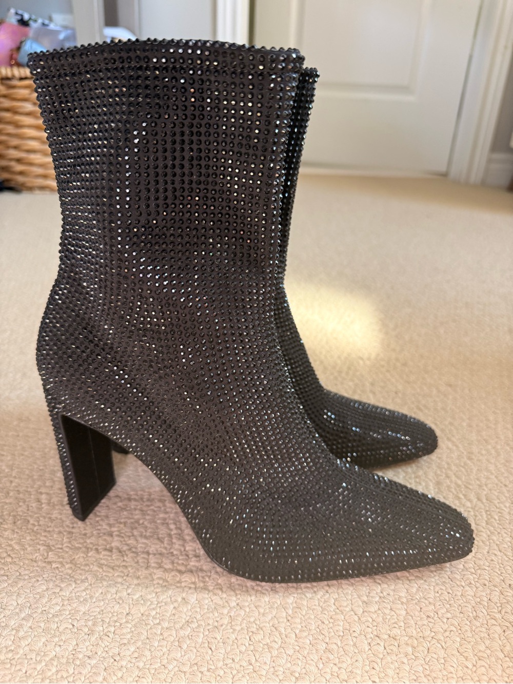 Black Crystal Embellished Mid-Calf Block Heel Boots sz 10